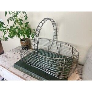 Vintage French Wire Oyster Gathering Basket Kidney Shaped Farmhouse 15" MINT